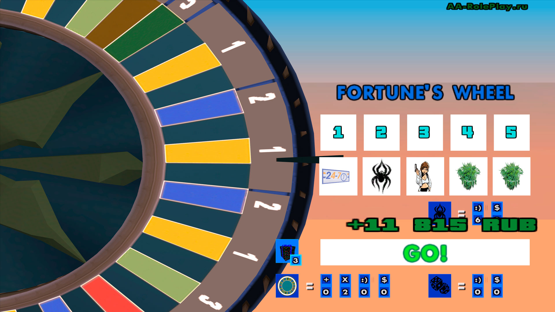 Чтобы начать игру в игре - "Колесо Фортуны" - введите команду /fortune. Чтобы запустить рулетку в сампе - нажмите на самую большую кнопку "GO!". Пусть Вам всегда везёт! 